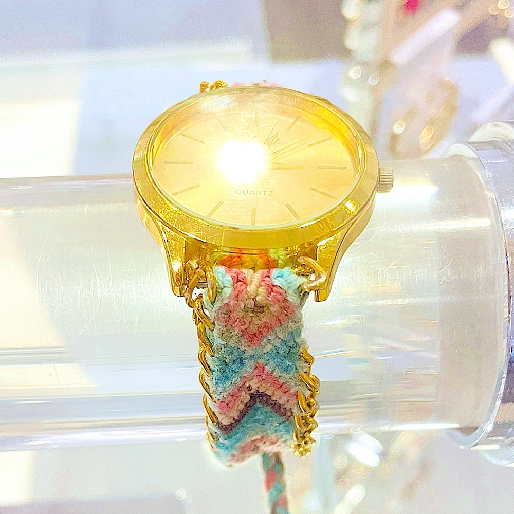 Yaki Women’s Quartz Gold Braided Teal & Pink Adjustable Tie Band Wrist Watch